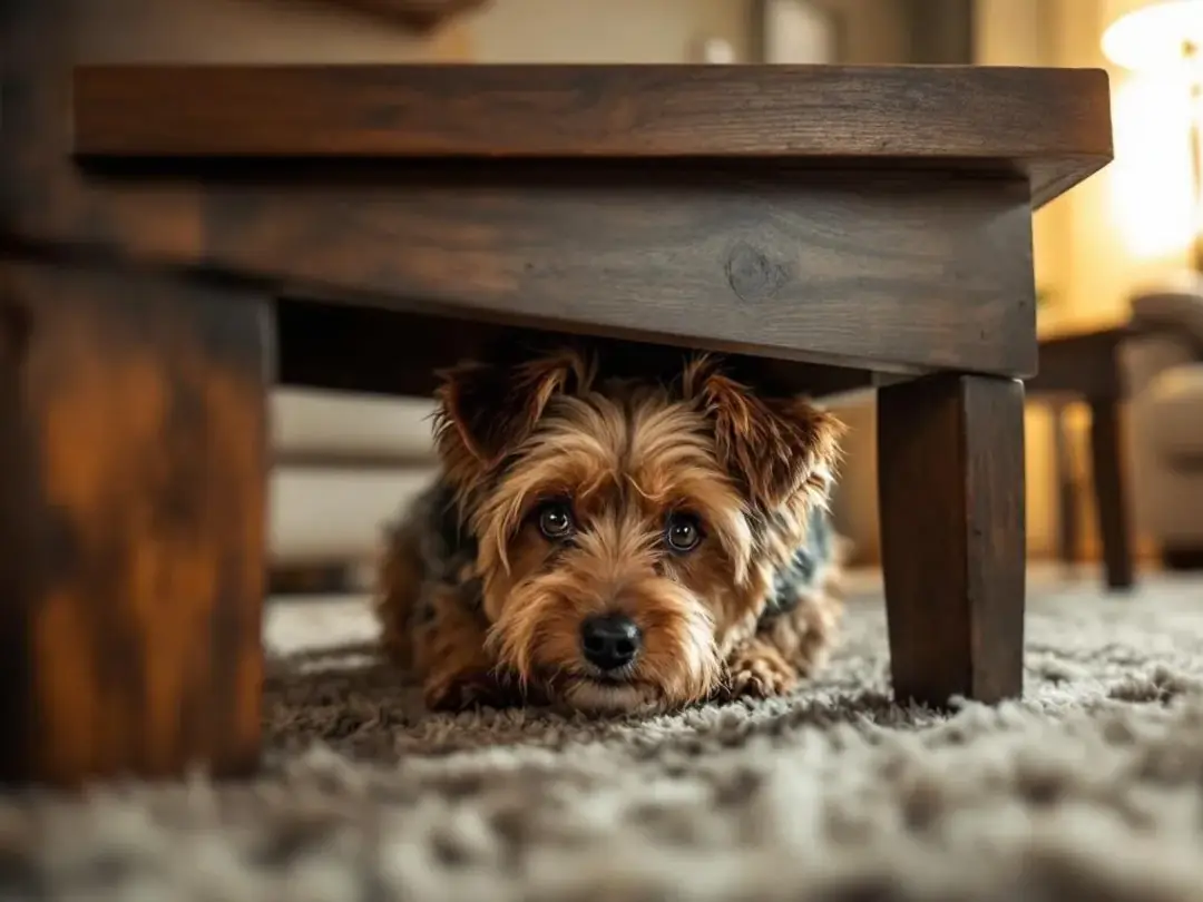 An anxious dog is hiding under a piece of furniture, displaying signs of distress possibly linked to behavioral issues...
