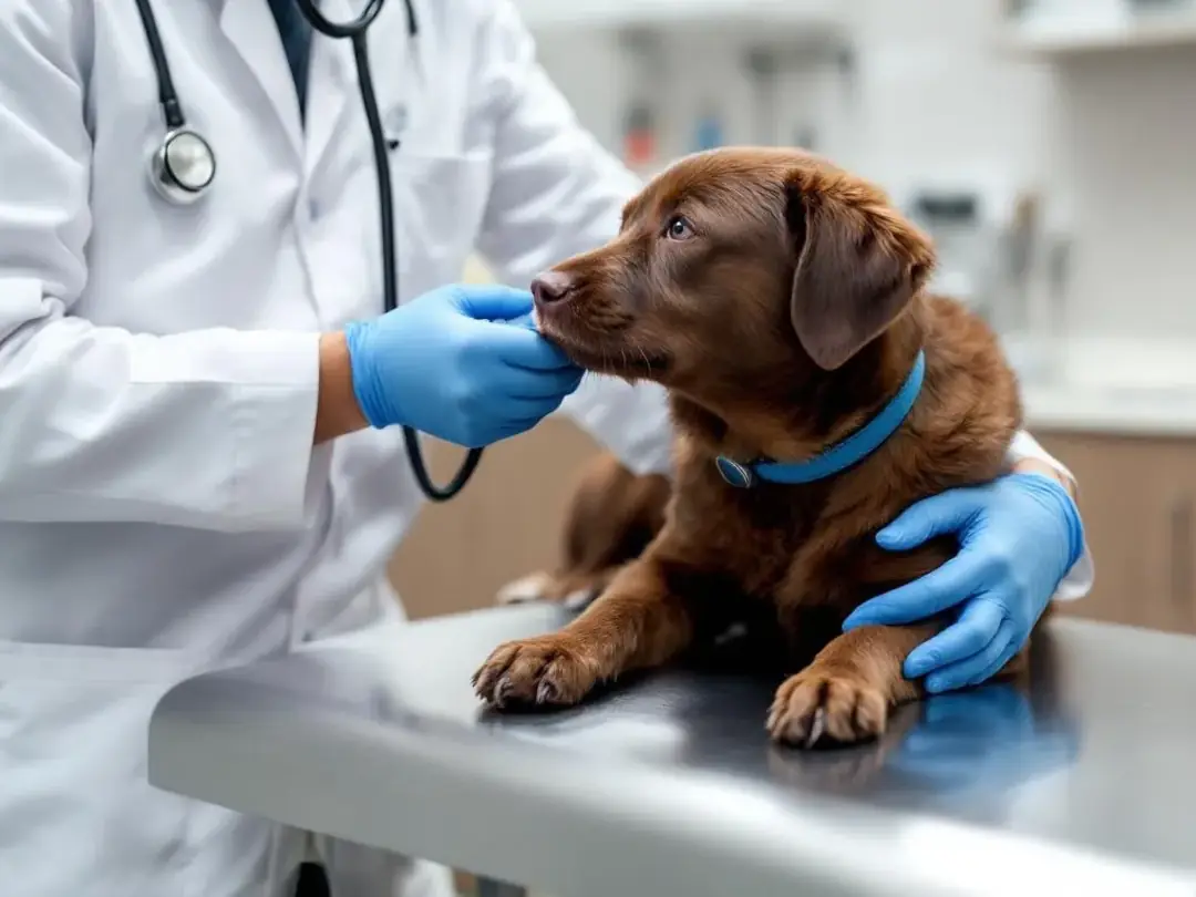 A veterinarian is examining a dog, focusing on its urinary tract health, which may include checking for urinary tract...