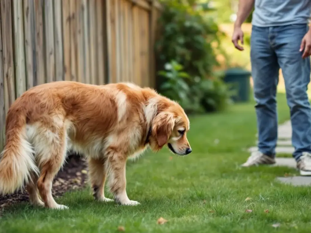 A dog is successfully eliminating outdoors while its owner stands nearby, demonstrating positive potty behavior. This...