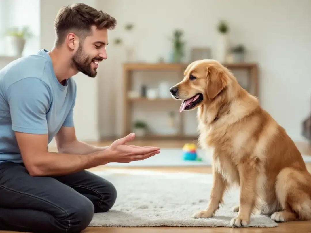 In the image, an owner is kneeling on the floor, calmly greeting their dog to help prevent excitement urination, a...