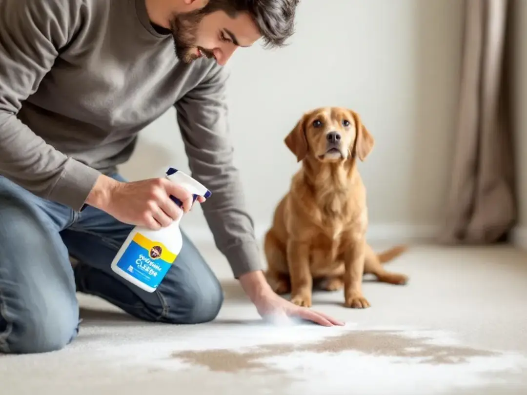 In the image, an owner is applying an enzymatic cleaner to a carpet while a calm dog observes nearby, suggesting a...