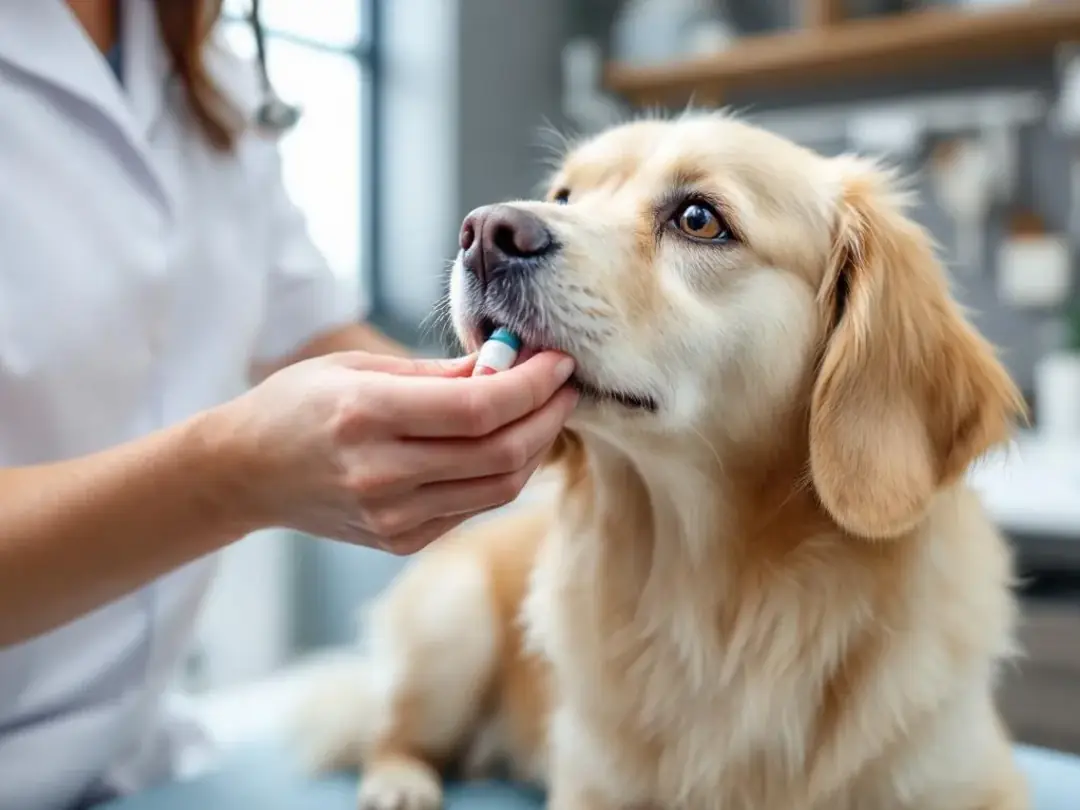 A veterinarian gently applies ear drops into a calm dog's ear, focusing on the dog's ear canal to treat a potential...