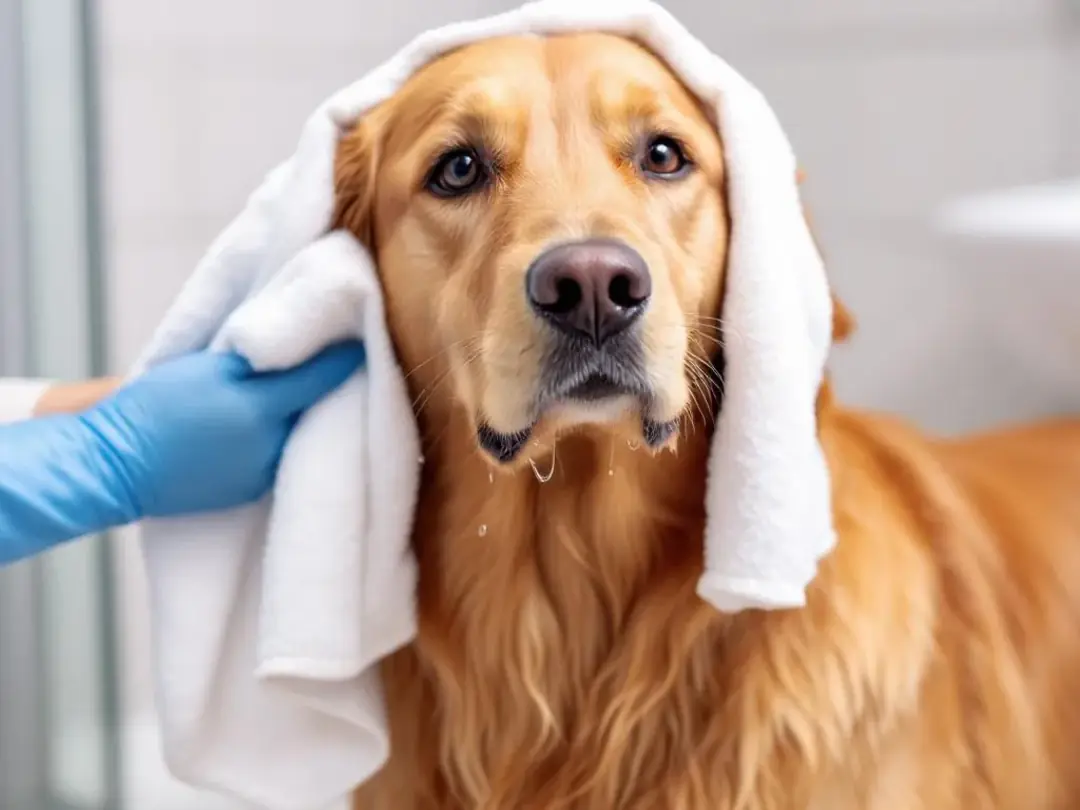 A dog is being gently dried with a towel after swimming, with its floppy ears flopping as the owner carefully wipes...