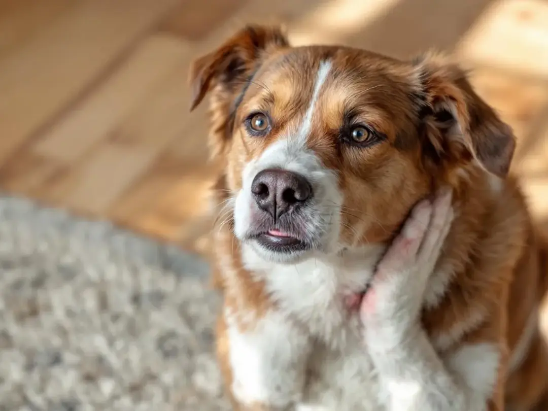 A dog is shown scratching intensely at its neck and ears, displaying signs of discomfort likely due to a yeast...
