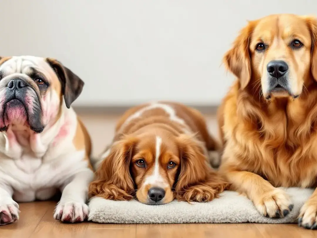 The image features a Bulldog, Cocker Spaniel, and Golden Retriever, highlighting dog breeds known for their...