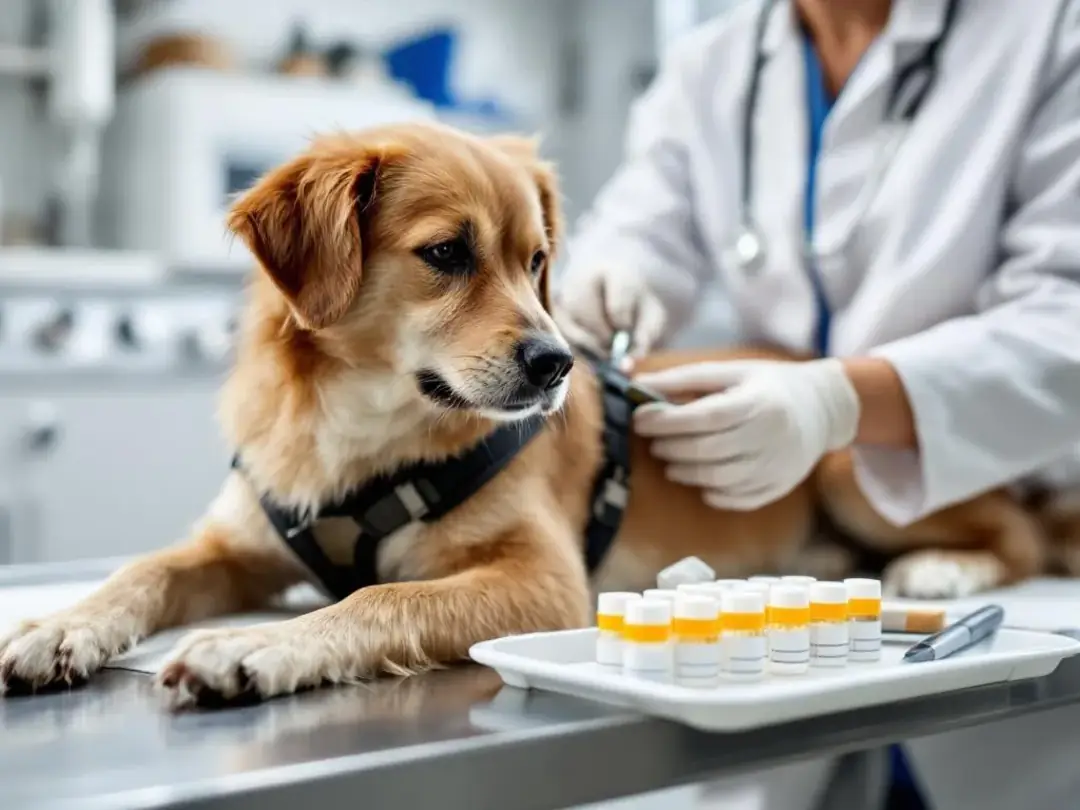 A veterinarian is seen carefully collecting skin and hair samples from a dog, which will be sent for laboratory testing...