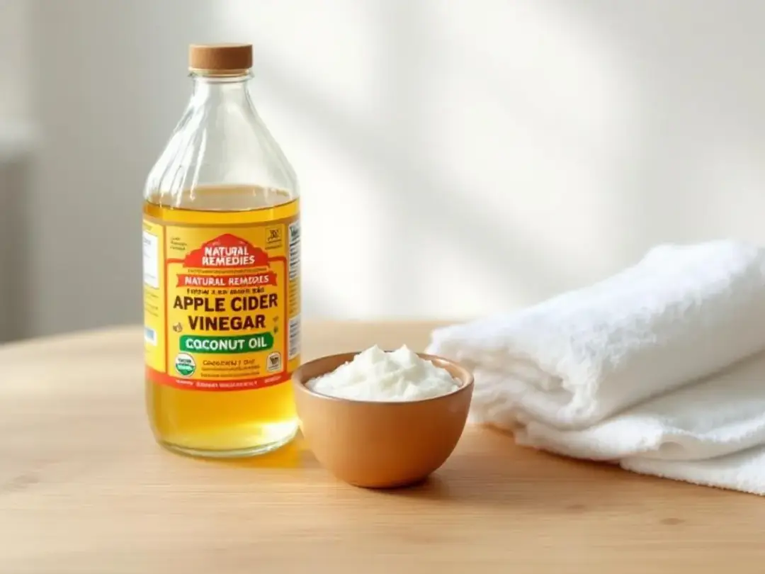 The image displays a collection of natural home remedies, including a bottle of diluted apple cider vinegar and a jar...